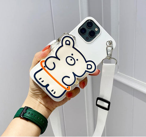 SGVAHY Wallet Case for iPhone 13 Case Cute iPhone Case with Strap Lanyard Coin Purse Funny Phone Case Kawaii Soft Silicone Shockproof Cover iPhone 13 Case for Women Girls (Bear White)