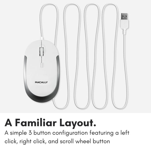 Macally Silent Wired Mouse, Slim & Compact USB Mouse for Apple Mac or Windows PC Laptop/Desktop (White)