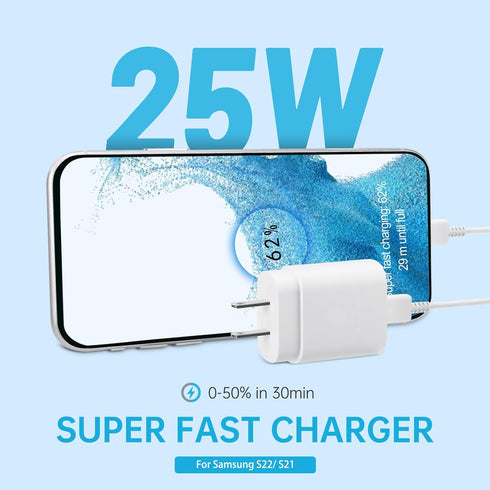 Super Fast Charger 25W USB Type C Block with 8FT Cable for Samsung Galaxy S24/S23/S22 Ultra/S21/S20/Note 10/20