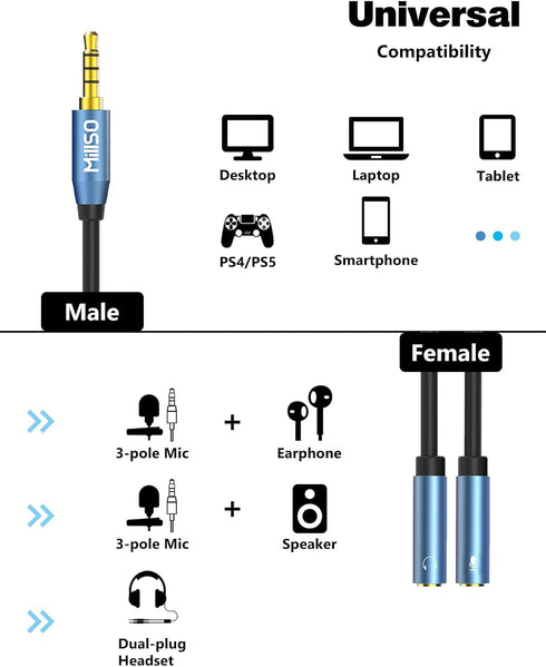 MillSO 3.5mm Headphone Splitter Adapter, CTIA Audio Splitter for Xbox One, PS4, Smartphone, Laptop, 30cm/12inch