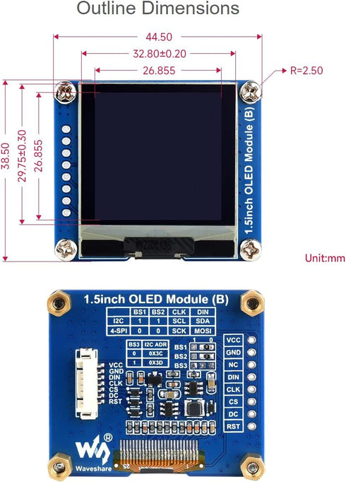waveshare 1.5inch 128128 I2C STM32,SH1107 OLED Display Module Resolution OLED Screen for Raspberry Pi, Arduino, Driver