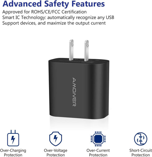Amoner Wall Charger - Upgraded 2Pack 15W 3-Port USB Plug Cube for iPhone and Galaxy Devices