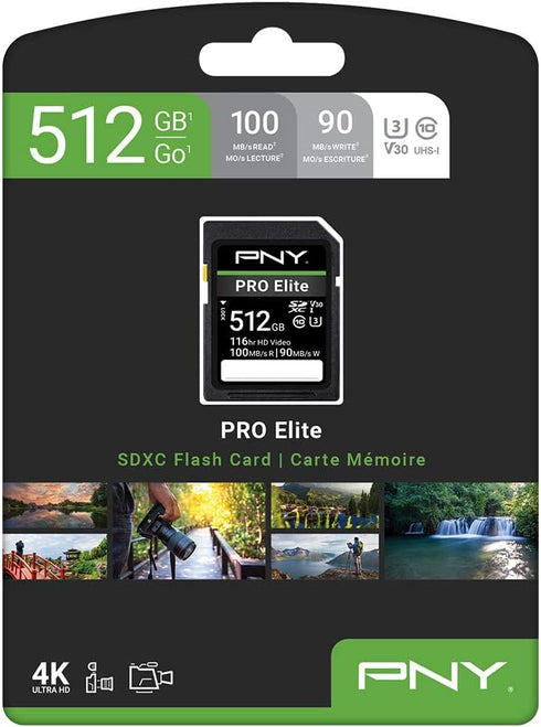 PNY 512GB PRO Elite Class 10 U3 V30 SDXC Flash Memory Card, 100MB/s, Class 10, U3, V30, 4K UHD, Full HD, UHS-I, Full