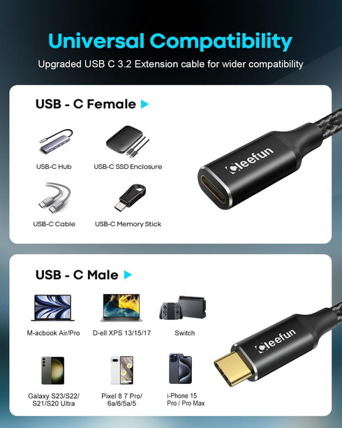 CLEEFUN USB C Extension Cable 10ft, USB C 3.2 Male to Female, 5Gbps Data & 4K Video Sync Transfer, 100W Fast Charging