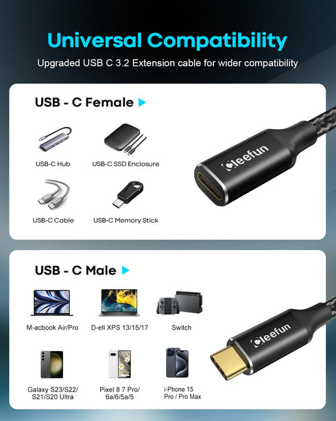 CLEEFUN USB-C Extension Cable - 1ft, 1-Pack, USB-C Male to Female, 10Gbps Data & 4K Video Sync, 100W Fast Charging