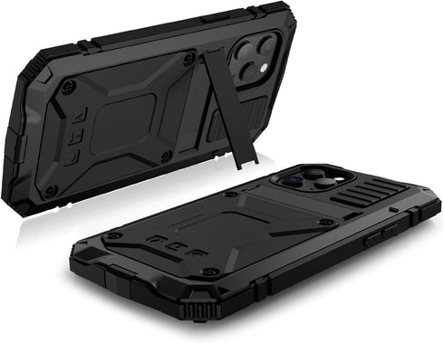 iPhone 12 Pro Max Metal Case with Kickstand, Built-in Screen Protector, Heavy Duty Shockproof, Black