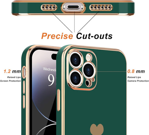 Teageo Cute Love Heart Luxury Bling Case for iPhone 14 Pro Max, Raised Full Camera Protection Bumper, Blackish Green