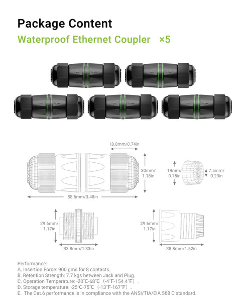 Waterproof RJ45 Coupler Shielded 5-Pack, IP68 Small Outdoor Ethernet Connector Female to Female Extender for CAT6/CAT5E