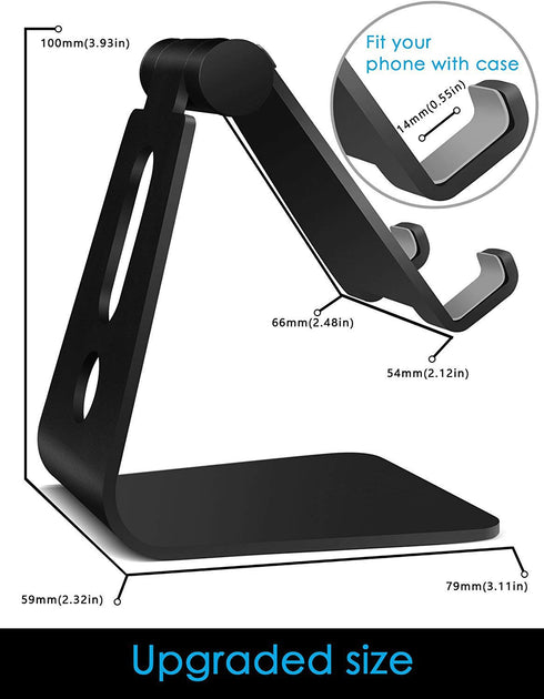 Adjustable Cell Phone Stand, 2020 Aluminum Desktop Stand with Anti-Slip Base and Charging Port, Fits All Smartphones