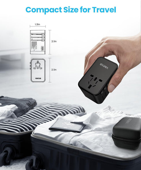 VINTAR 75W GaN Universal Travel Adapter with 3 USB C PD and 2 USB A QC, All in One Travel Essentials for Worldwide Use