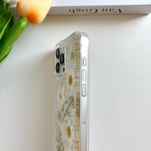 iPhone 15 Pro Max Clear Case with Glitter White Floral Design, Slim Soft TPU, Pressed Real Flowers, Women's Phone Cover.