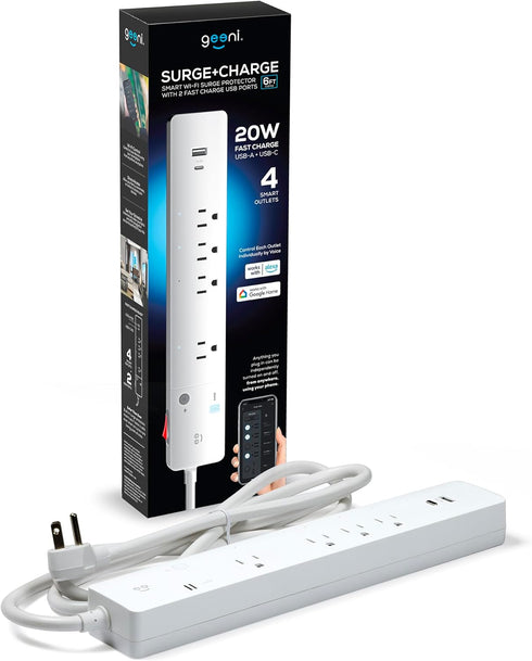 Geeni Smart Multi Outlet Plug, 4 Outlet Wall Plug Plus 2 USB Ports, Surge Protector with 6 Ft Cord, WiFi Control, Alexa