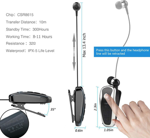 Retractable Wireless Headphone Headset, Lightweight V5.0 Noise Cancelling Mic Clip on Earpiece for Sports, Running,