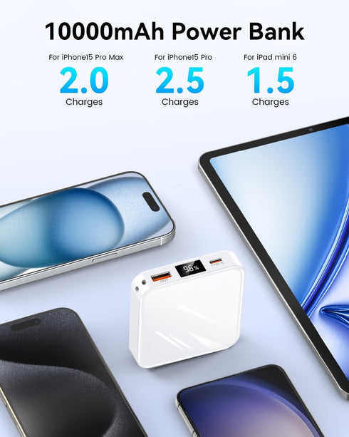 10000mAh Mini Power Bank, Portable Charger with USB C Input/Output, 30W Fast Charging