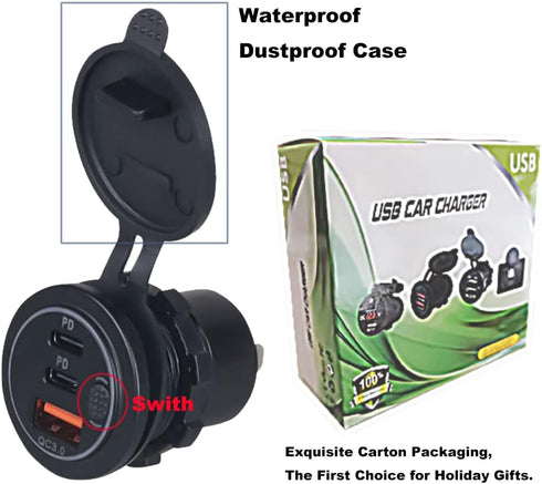 3 Ports 18W USB Car Charger with Switch - 12V-24V QC 3.0 USB & Dual PD USB C Cigarette Lighter Socket, Waterproof
