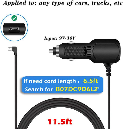 Dash Cam Charger, Plozoe USB Power Cable, Vehicle Charging Adapter for Garmin GPS, 11.5ft Mini USB