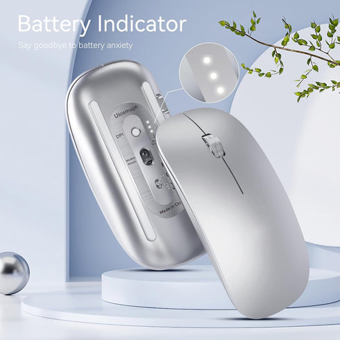 Uiosmuph G11 Wireless Mouse, USB C Rechargeable Computer Mouse, Slim Silent Mice 2.4GHz Optical with USB Nano Receiver and Type C Receiver for Laptop/Mac/PC - Silver