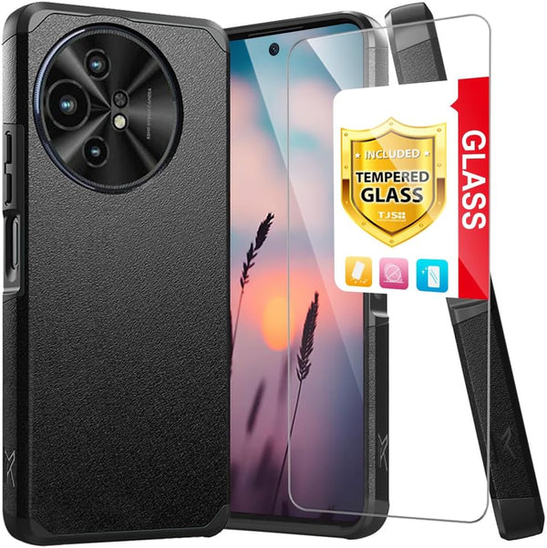 TJS TCL 50 XL 5G Case, with Tempered Glass Screen Protector, Dual Layer Hybrid Shockproof - Black