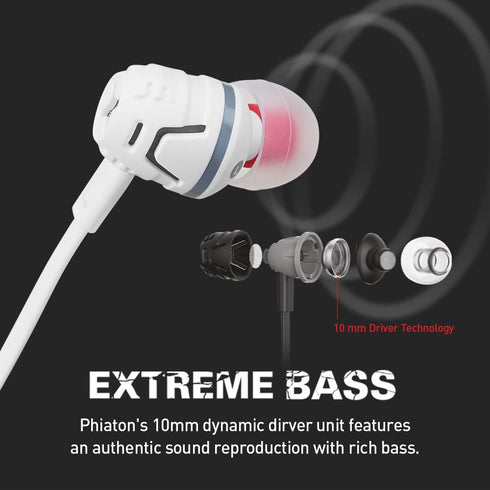 Phiaton C450S Wired Earbuds Headphones with Microphone and Controller, Extreme Bass, In Ear, White