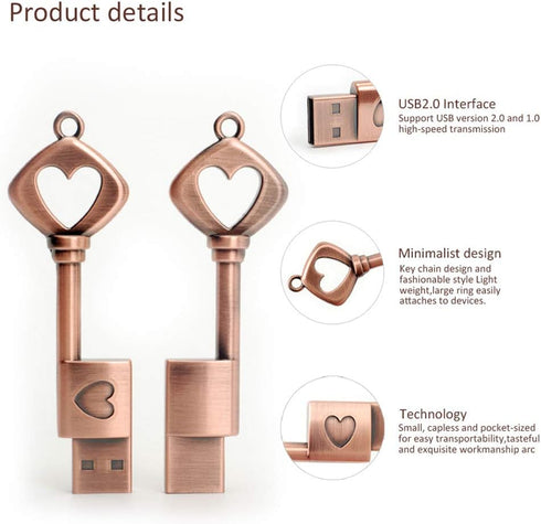 BORLTER CLAMP 64GB BorlterClamp USB Flash Drive Cute Memory Stick Heart Key Shaped Thumb Drive with Gift Box