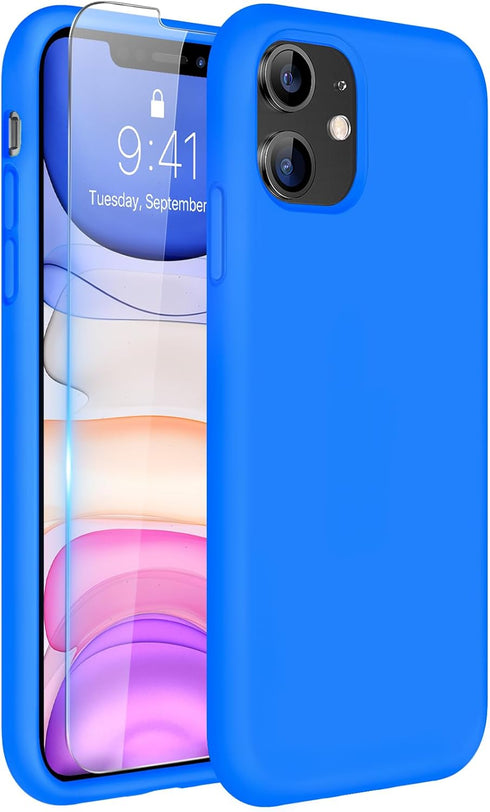 Miracase Designed for iPhone 11, Liquid Silicone Gel Rubber Phone Case with Screen Protector, Mediterranean Blue