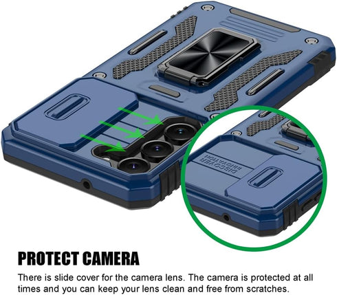 Samsung Galaxy S23 Case, Shockproof Phone Case with Sliding Camera Cover & Rotatable Ring Holder, 6.1", Dark Blue
