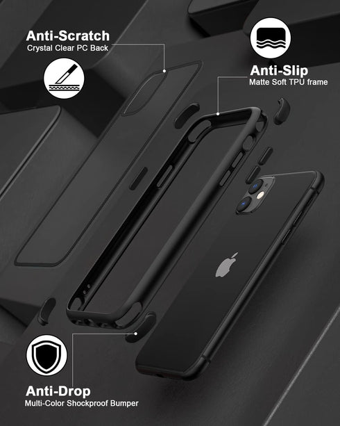 iPhone 11 Crystal Clear Case - Black, Shockproof Bumpers, Anti-Scratch Hard PC Back & Soft TPU Frame, No Yellowing.