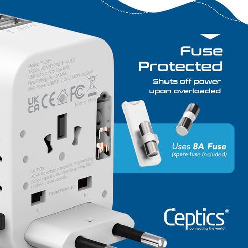 Ceptics Universal Travel Adapter Plug with 4 USB Ports - Charge Cell Phones, Smart Watches, iPhones - For International