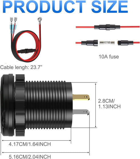 12V USB C Aluminum Car Charger Socket, PD 20W & Quick Charge 3.0 18W Waterproof USB Outlet for Marine Truck Motorcycle