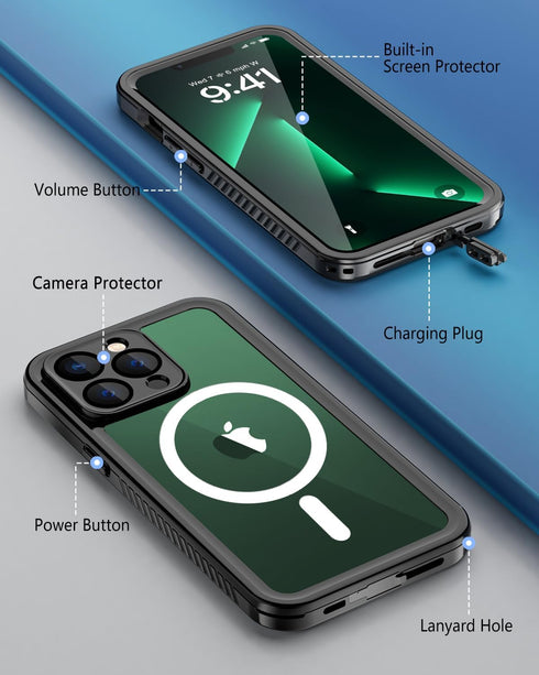 Beeasy iPhone 13 Pro Waterproof Case (6.1"), Compatible with MagSafe, 360 Degree Outdoor Protective Case with Screen