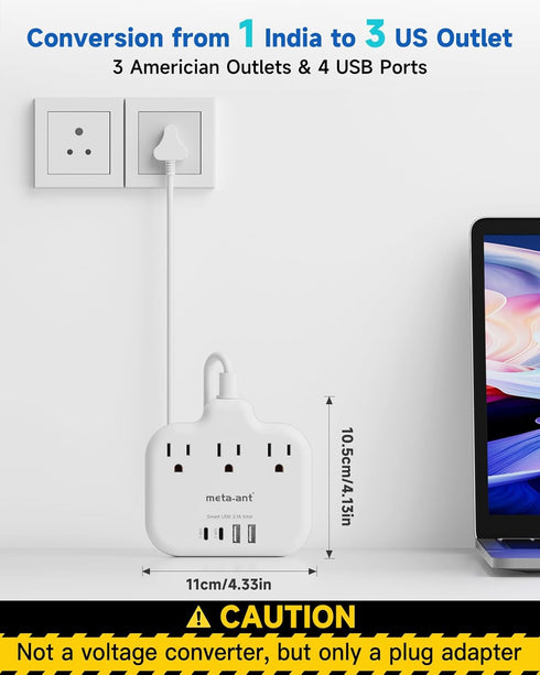meta-ant 3 4 Ports(2 5FT US to India Plug Adapter, India Power Adapter with American Outlets USB Charger USB C), India