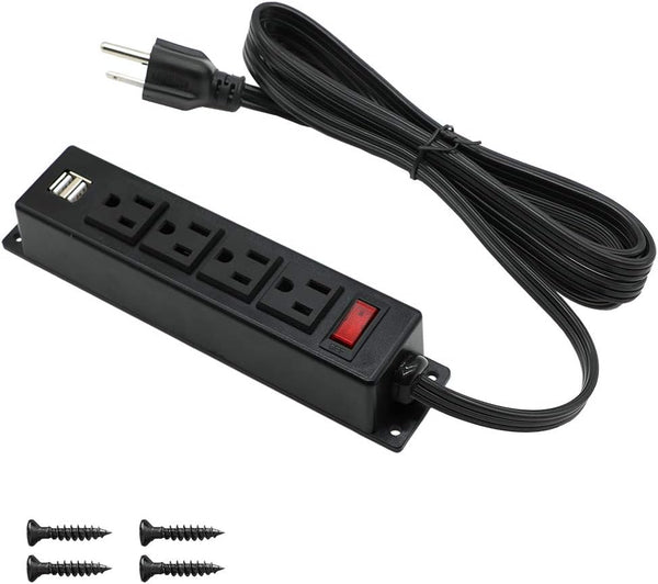 Mountable Power Strip with USB Ports - Wall Mount Power Outlets, 4AC Outlet, 2 USB, 6.56 Feet Extension Cord
