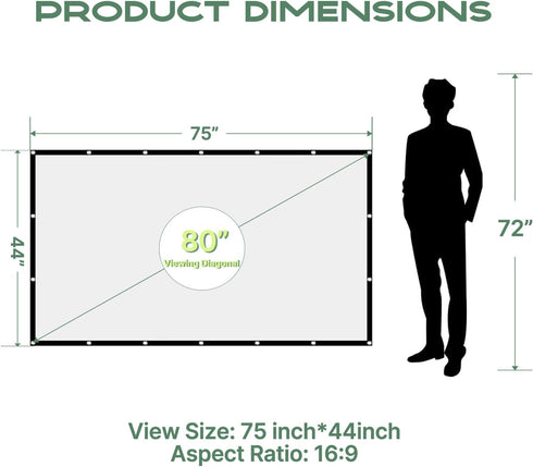 AAJK 80 inch 16:9 Projector Screen, Washable Projector Screen Foldable Anti-Crease Portable Projector Movies Screen