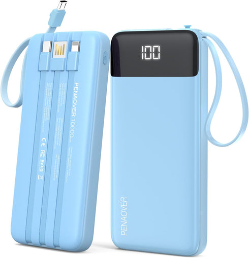 penaover Portable Charger 10000mAh Power Bank with Built-in Cable, 5 Output 2 Input