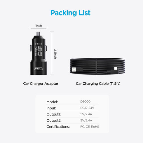 VIOFO D5000 11.4ft(3.5M) A229 Pro/A229 Plus/A119M Pro/A119Mini 2 Type-C USB Cigarette Charger with Power Cable for Dash