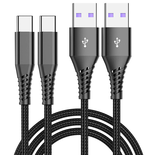 Generic Braided USB Type-C Cable, Black, 6 Feet, 2-Pack, Fast Charging 3A, Nylon