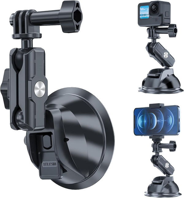 TELESIN Car Mount Suction Cup with Phone Holder for GoPro Max Hero 13 12 11 10 9 8 and DJI Action 3 4 5