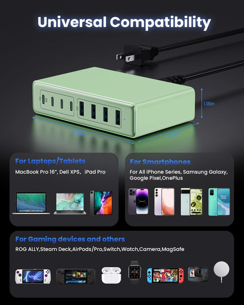 200W USB C Charger, GaN III 8-Ports Charging Station Hub, PD 65W Laptop Charger Compatible with MacBook Pro/Air, Green