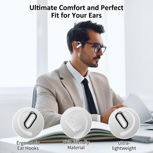 JIECAN Open Ear Headphones Bluetooth V5.3 Wireless Earbuds with Earhooks with Digital Display Charging Case, Conduction Headphones with Mic Waterproof Sport Earbuds for Running (White)