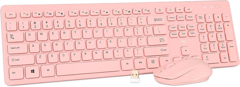 Rii Wireless Keyboard and Mouse Combo, Standard Office PC Keyboard with Optical Wireless Mice in Pink