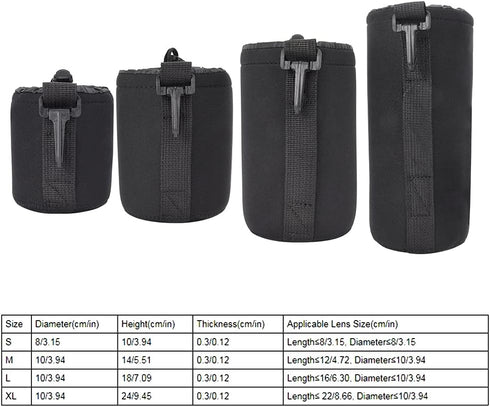 4PCS S M L XL Camera Lens Storage Bag, Portable Neoprene Black Elastic DSLR Lens Cover Pouch Set