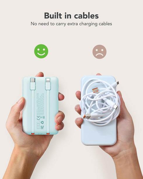 Mini Portable Charger 10000mAh with Built-in Cables, 22.5W Fast Charging Power Bank for iPhone, Samsung, Android