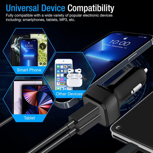 Car Charger 2 Pack, 24W Dual USB Adapter - Black, SmartUSB Port Compatible with iPhone 13/12/11/XR/Xs, iPad Pro