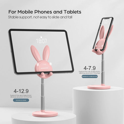 OATSBASF Cute Cell Phone Stand, Adjustable Bunny Phone Holder for Desk, Thick Case Friendly for All Phones (Pink)