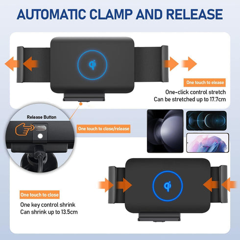 15W Qi Wireless Car Charger Mount Holder for Samsung Galaxy Z Fold Series, iPhone 15 Pro Max, Auto Clamp Fast Charger