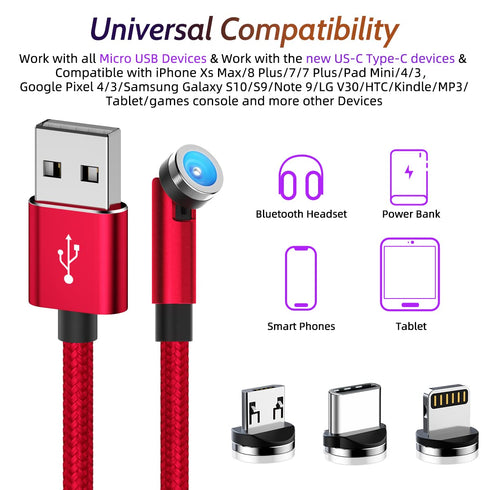540° Rotating Magnetic Charging Cable (Red 4-Pack 3/3/6/6ft), 3 in 1 USB C Magnetic Phone Charger Cable, 2.4A Fast
