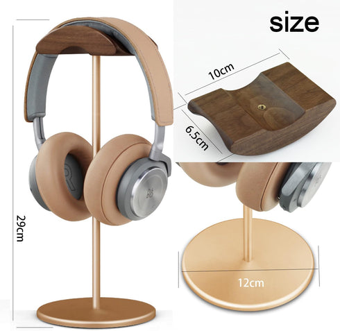 Headset Holder Stand, Wood and Aluminum Desktop Headphone Stand with Solid Heavy Base for All Headphone Sizes (Gold)