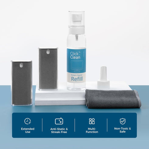 CLICK CLEAN Screen Cleaner Kits, 2 All-in-One Mist Cleaners with Refill, Microfiber Cloth, Mini Funnel, and Sprayer for