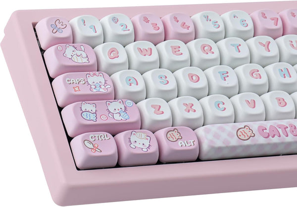 PBT Cute Kitty-cat Keycaps Set - 140 Keys Dye-Sublimation MOA Profile for Cherry Gateron MX Switches