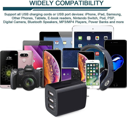 AILKIN 3 USB Wall Charger, Triple Fast Charging Block Home Charger Station for iPhone, Samsung Galaxy, LG, and More